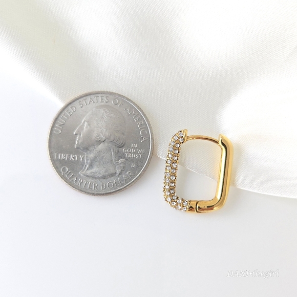 NEW Gold Asymmetric CZ Diamond Rectangle Hoop Earrings - Picture 7 of 8